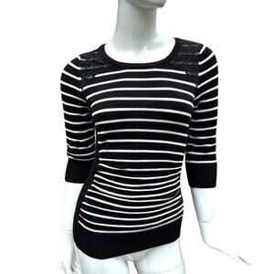 IZ Byer Sweater 3/4 Sleeve Striped White & Black Lace Shoulders Women’s Size XS